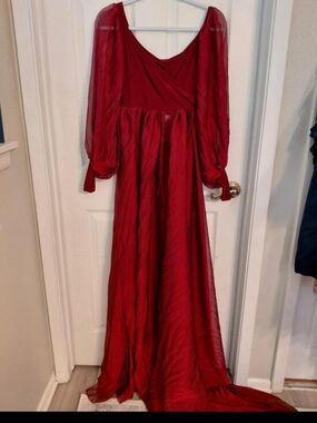 Silk Fairies Burgundy Red Maxi Dress Sheer Long Sleeves Medium Renaissance
